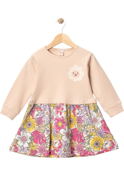 434524 Kız Çocuk Sunny Bloom Elbise (Çiçek Desenli Etek, Gülen Çiçek Aplikeli Üst)