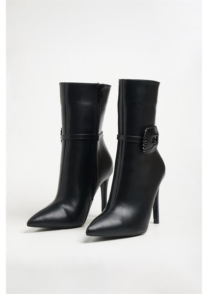 251414 Şık Tokalı Topuklu Bot Siyah Deri fiyatları