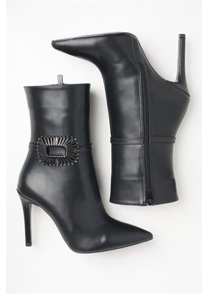 251414 Şık Tokalı Topuklu Bot Siyah Deri modelleri