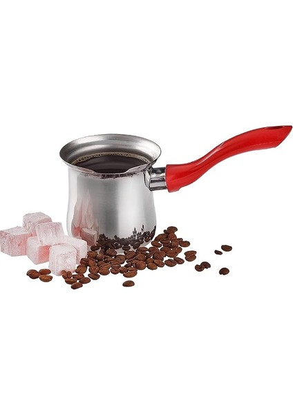 Celik Cezve, 300 ml Paslanmaz Celik Cezve, Kirmizi Kulplu Cezve, Tereyagi Sosu, Cikolata Sosu, Bitki Cayi Hazirlamak, Sut Isitmak Icin Uygun Sos Cezve Seti (Cezve, Kirmizi Sap)