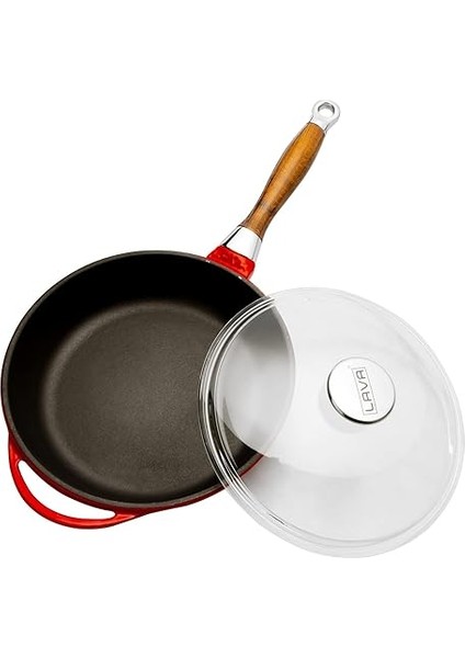 Metal Cam Kapaklı Ahşap Kulplu Yuvarlak Kızartma Tavası, 24 Cm, Kırımızı modelleri