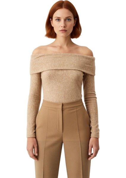 Kadın Düşük Omuzlu Carmen Yaka Uzun Kollu Vücuda Oturan Örme Üst Kaliteli Şık Rahat Modern fiyatları