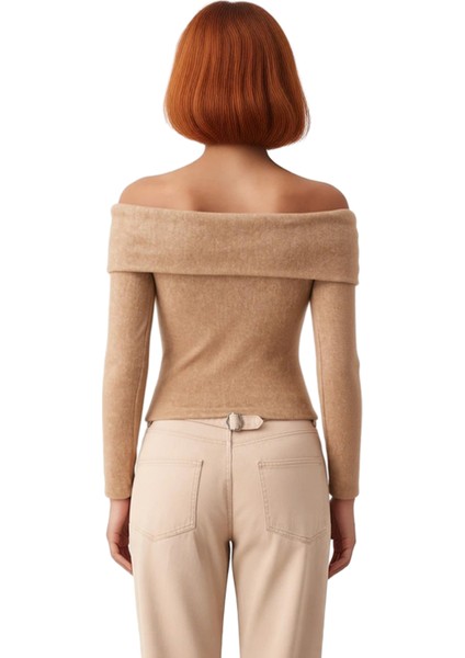 Kadın Düşük Omuzlu Carmen Yaka Uzun Kollu Vücuda Oturan Örme Üst Kaliteli Şık Rahat Modern modelleri