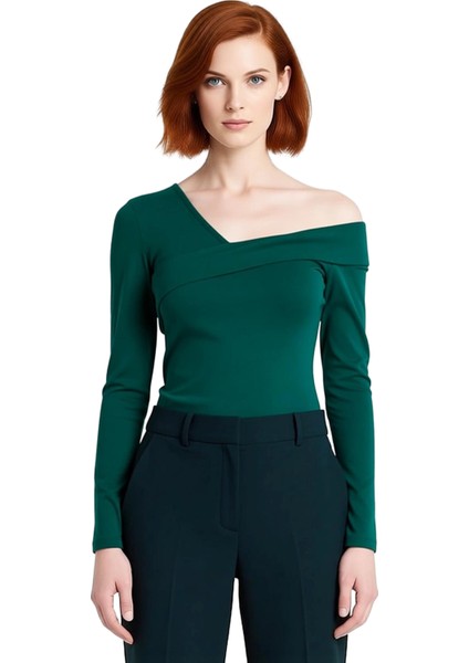 Kadın Asimetrik Yaka Uzun Kollu Vücuda Oturan Crop Örme Kaliteli Şık Rahat Modern Zarif modelleri