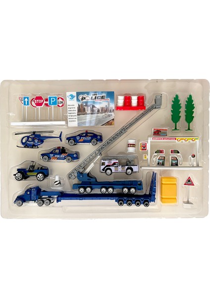 Polis Araçları Trafik Ikaz Işaretleri Helikopter Merdivenli Vinç Tır Araba Kurtarıcı Oyuncak Set