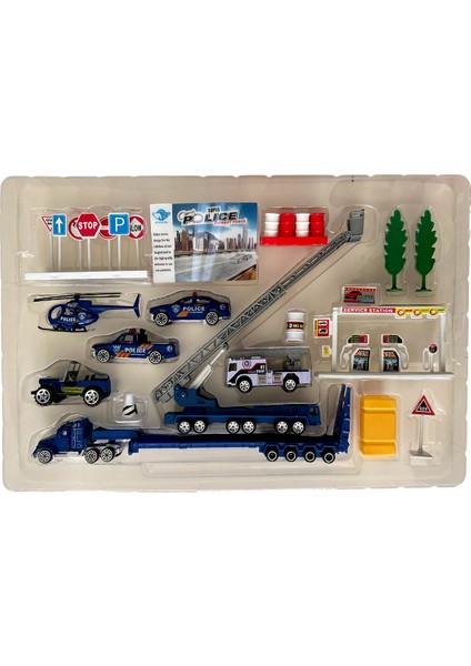 Polis Araçları Trafik Ikaz Işaretleri Helikopter Merdivenli Vinç Tır Araba Kurtarıcı Oyuncak Set modelleri