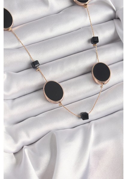 Bfs Pirinç Gold Renk Siyah Renk Oval Siyah Küp Detay Kadın Kolye