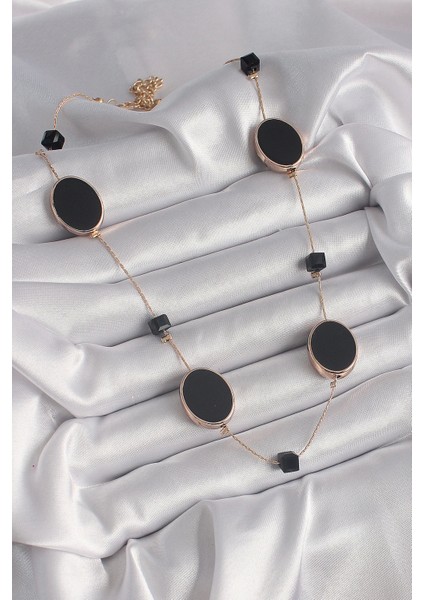 Bfs Pirinç Gold Renk Siyah Renk Oval Siyah Küp Detay Kadın Kolye fiyatları