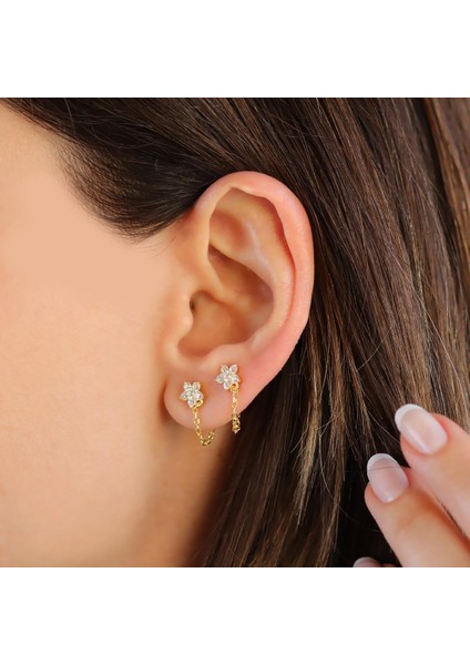 Çiçek Zincirli Gold Gümüş Küpe modelleri