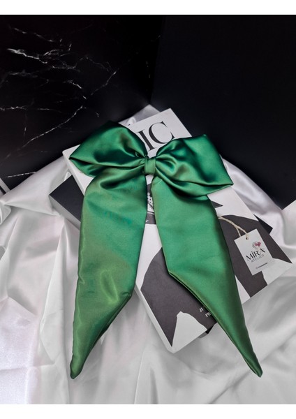 Kadın Saten Fiyonk Saç Tokası / Zümrüt Aşkı – Otomatik Klipsli - Uzun Boy
