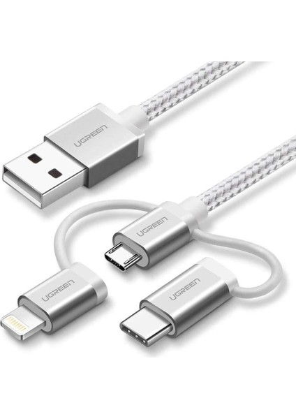 3'ü 1 Arada Örgülü Type-C Micro USB Şarj Kablosu Gümüş 1.5 Metre