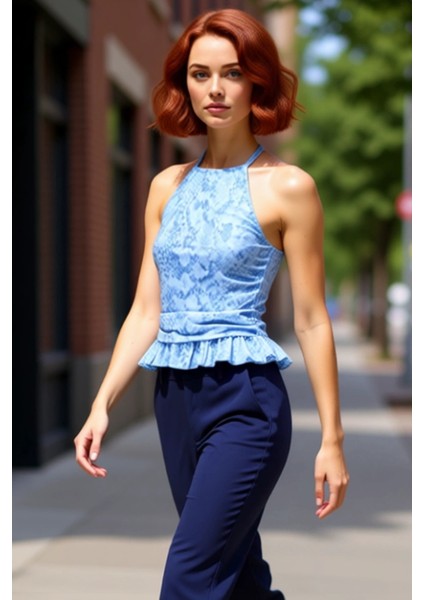 Kadın Halter Yaka Kolsuz Fırfırlı Örme Tül Kaliteli Şık Rahat Modern Zarif Günlük