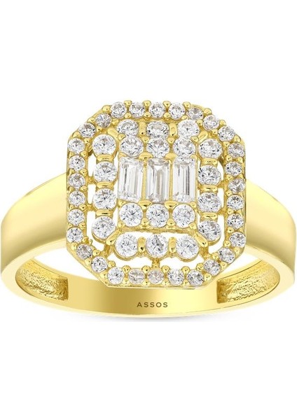 Altın Baget Taşlı Tasarım Yüzük - 14K