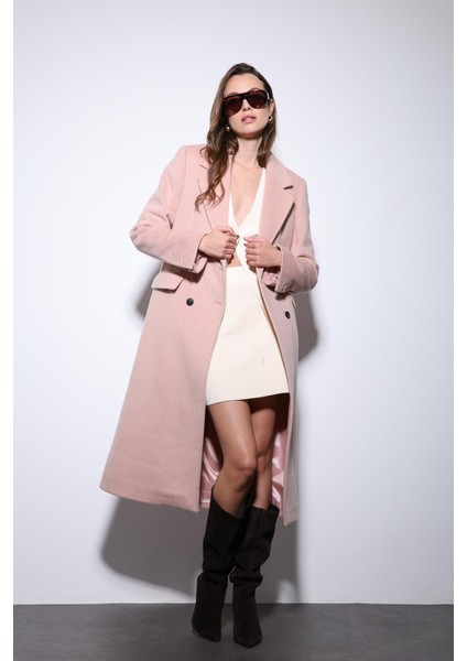 Pembe Yün Karışımlı Kruvaze Kadın Kaban