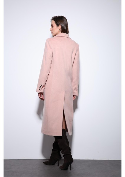 Pembe Yün Karışımlı Kruvaze Kadın Kaban