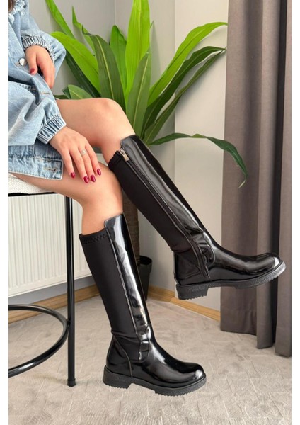 Kadın Siyah Rugan Dalgıç Kumaş Dizaltı Çizme modelleri