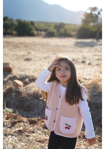 Kiraz Nakışlı Pembe Teddy Bebek Çocuk Yeleği