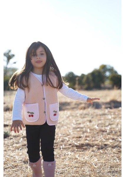 Kiraz Nakışlı Pembe Teddy Bebek Çocuk Yeleği modelleri