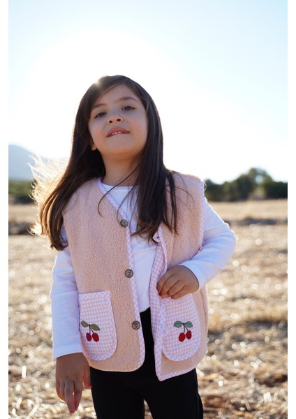 Kiraz Nakışlı Pembe Teddy Bebek Çocuk Yeleği