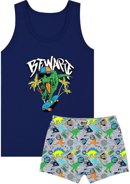 Erkek Çocuk Atlet Boxer Likralı Lacivert Dinozor (%96 Pamuk - %4 Elastan)