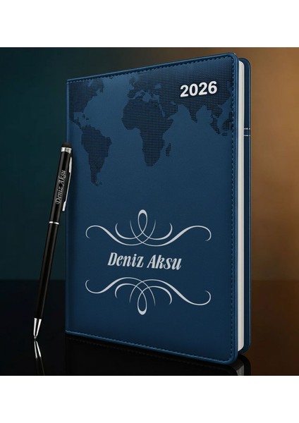 Kişiye Özel Isimli Termo Sert Kapak 2026 Lacivert Ajanda & Kalem -1, Öğretmenler Günü Hediyesi, Yeni Iş Hediyesi