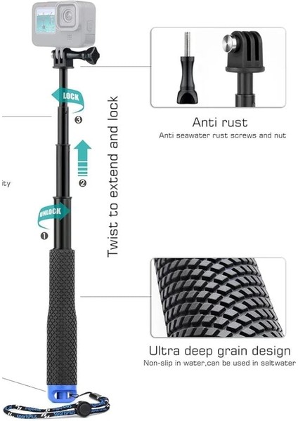 Gepuly Pole 45'' (1150 Mm) Sualtı Özçekim Sopası , Su Geçirmez Kolu Kavrama Monopod Alüminyum Gopro - Max INSTA360 - Akaso Djı Osmo Dijital Kameralar Için Selfi Çubuğu modelleri