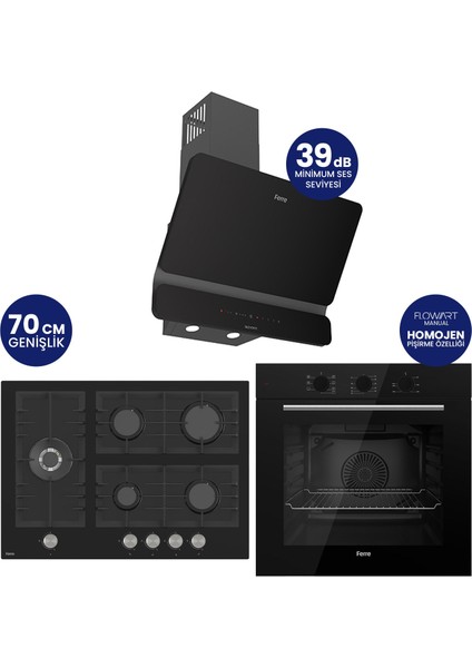 Flowart Turbolu 5 Gözlü Amörtisörlü Silenart Siyah Cam Ankastre Set QBL62CS - BL135 - D080SA