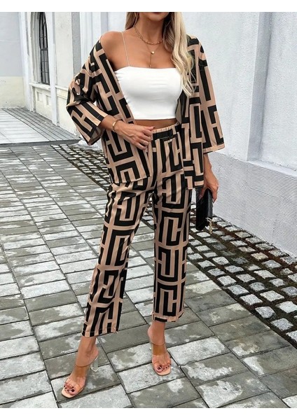 Kadın Uzun Kollu Önü Açık Desenli Iki Iplik Ceket ve Pantolon Ikili Takım