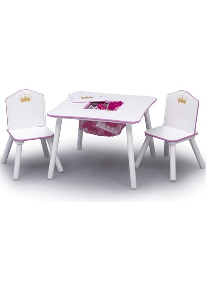 Children Prenses Taç Çocuk Ahşap Masa ve Saklamalı Takımı - Sertifikalı, Beyaz/pembe