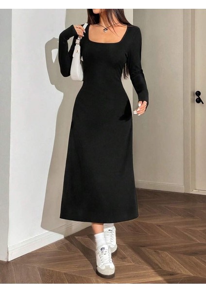 Kadın Uzun Kollu Kare Yaka Midi Kaşkorse Elbise