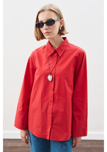 Geniş Manşetli Klasik Gömlek Kırmızı indirimleri