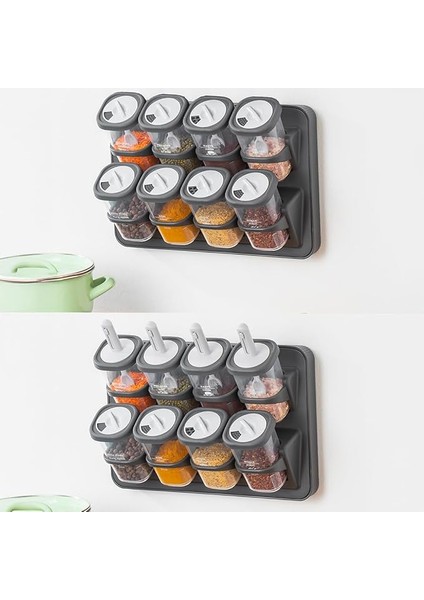 1117 Standlı Kaydırmalı Kaşıklı 360° Döner Kapaklı Etiketli Baharatlık Seti - Erzak Saklama Kabı Antrasit-Gri