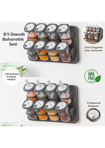 1117 Standlı Kaydırmalı Kaşıklı 360° Döner Kapaklı Etiketli Baharatlık Seti - Erzak Saklama Kabı Antrasit-Gri fiyatları