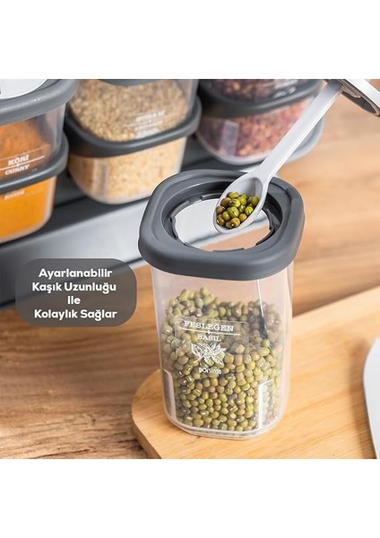 1117 Standlı Kaydırmalı Kaşıklı 360° Döner Kapaklı Etiketli Baharatlık Seti - Erzak Saklama Kabı Antrasit-Gri fırsatları
