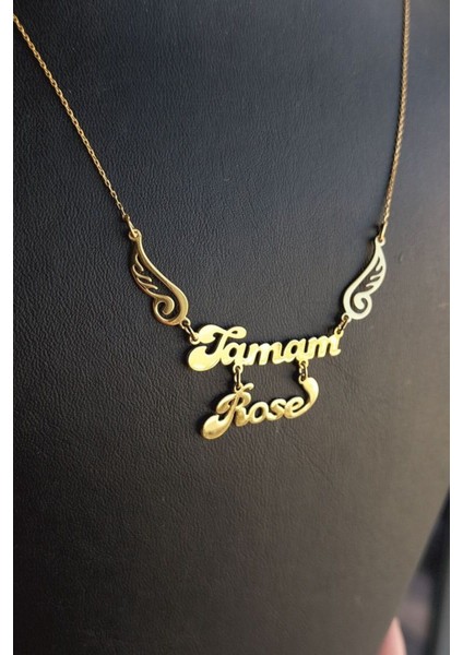 925 Ayar Gümüş 24 Ayar Altın Kaplama 2 Isimli Melek Kanatlı Kolye