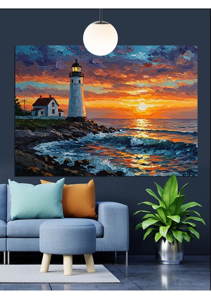 Deniz Feneri Gün Batımı Manzarası Dekoratif Kanvas - Mdf Ahşap Tablo fırsatları