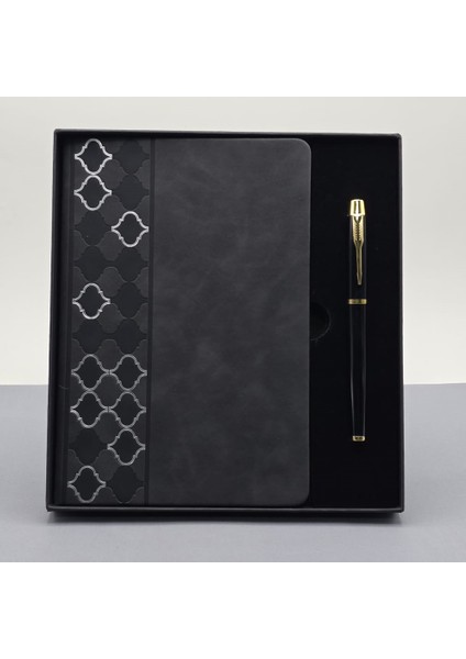 Desenli Siyah Deri Defter Kalem Set