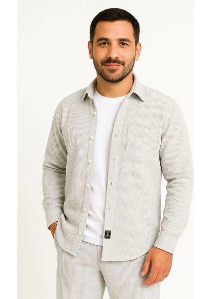 Erkek Fitilli Kadife Cepli Gömlek Oversize Rahat Kalıp - Gri