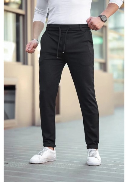 Erkek Diagonel Mikro Dokulu Cepli Beli Lastilki Pantolon - Siyah