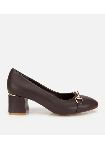 01AYH314840A480 KADIN Kahverengi Gold Tokalı Kalın Topuklu Ayakkabı