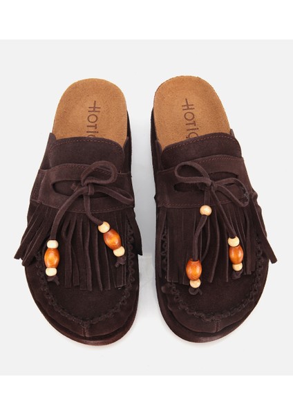 01TEH316580A480 KADIN Süet Deri Kahverengi Püsküllü Kalın Tabanlı Terlik