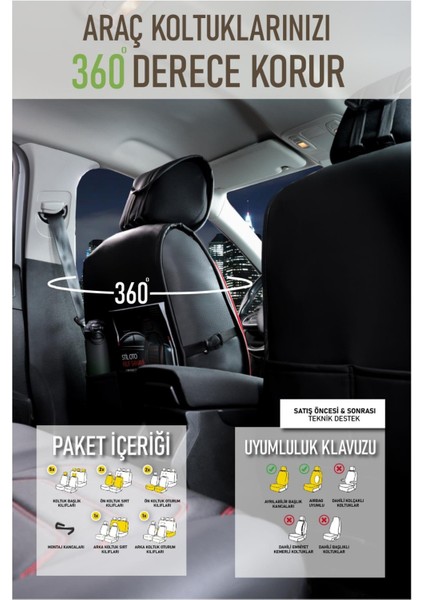 Toyota Proace City 3 Tekli Oto Koltuk Kılıfı Ön Arka Set Siyah Beyaz Scr