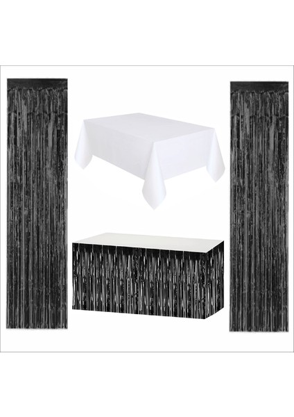 Beyaz Masa Örtüsü, Siyah Masa Eteği, 2 Adet Siyah Arka Fon