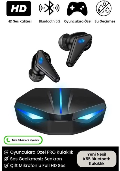 K55 Tws Pro Oyuncu Kulaklığı 3D Stereo Ses Extra Bass Işıklı Mikrofonlu Bluetooth Kablosuz Kul