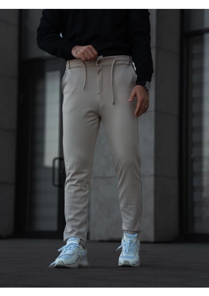 Erkek Diagonel Mikro Dokulu Cepli Pantolon - Bej indirimleri