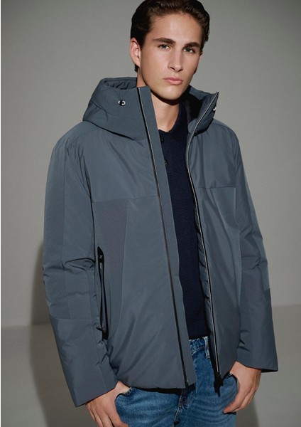 Su İtici Kapüşonlu Gri Şişme Mont 0110663-80776