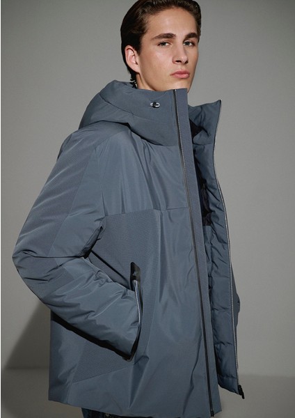 Su İtici Kapüşonlu Gri Şişme Mont 0110663-80776