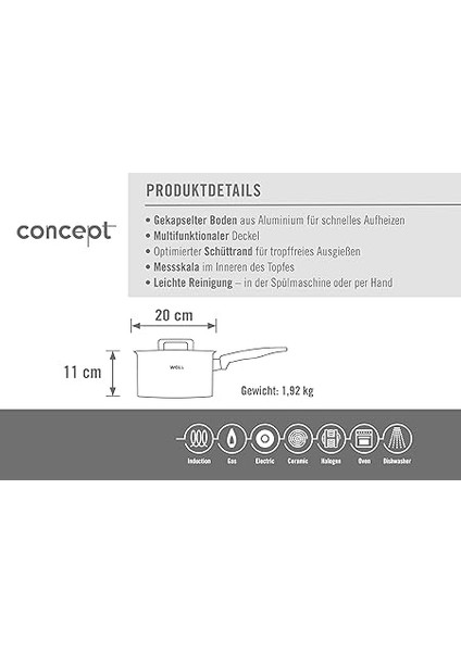 920NC Concept Saplı Tencere, Indüktif, Çap 20 Cm, 11 cm Yükseklik, 3,4 L, Tüm Ocak Türleri Için Uygundur, Paslanmaz Çelik, 200 indirimleri