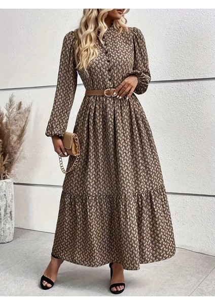Kadın Uzun Kollu Hakim Yakalı Düğmeli Kemersiz Desenli Maxi Süprem Elbise fiyatları