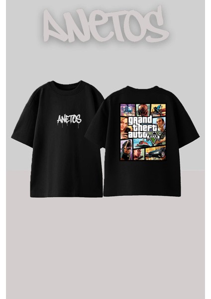 Grand Theft Auto V Tasarım Sırt Baskılı Pamuk Siyah Oversize T-Shirt